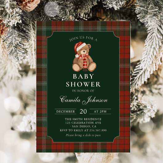 Plaid Teddy Bear Baby Shower Invitation Kaart
