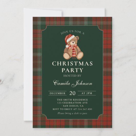Plaid Teddy Bear Christmas Party Invitation Kaart (Voorkant)