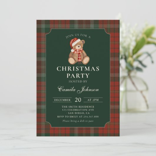 Plaid Teddy Bear Christmas Party Invitation Kaart (Staand voorkant)