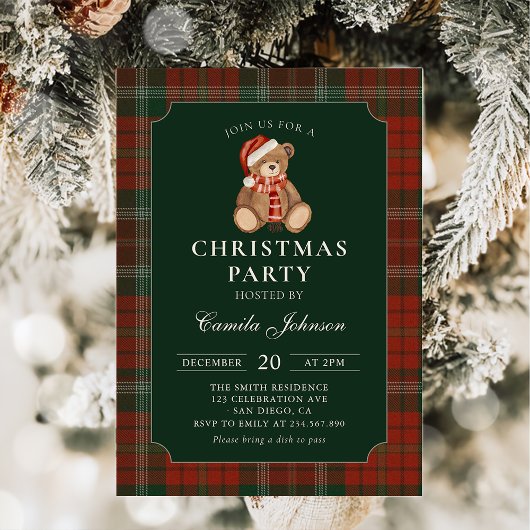 Plaid Teddy Bear Christmas Party Invitation Kaart