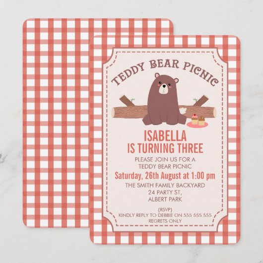 Plaid Teddy Bear picknick verjaardagsuitnodiging Kaart (Voorkant / Achterkant)