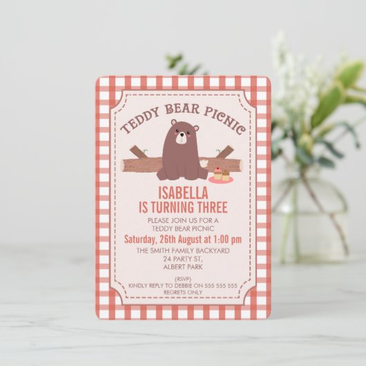 Plaid Teddy Bear picknick verjaardagsuitnodiging Kaart (Staand voorkant)