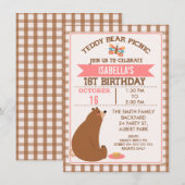 Plaid Teddybeer picknick 1e verjaardag uitnodiging (Voorkant / Achterkant)