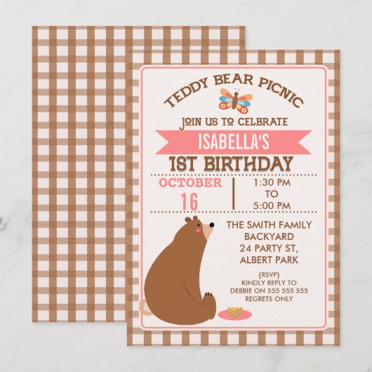 Plaid Teddybeer picknick 1e verjaardag uitnodiging (Voorkant / Achterkant)