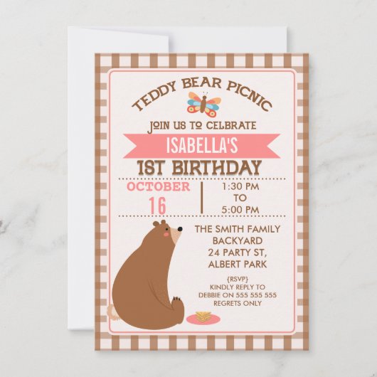 Plaid Teddybeer picknick 1e verjaardag uitnodiging (Voorkant)
