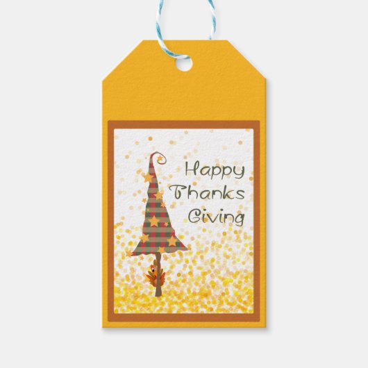 Plaid Thanksgiving Tree met gouden sterren Cadeaulabel (Voorkant)