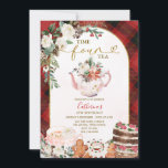 Plaid Time Vier Tea Party Kerstmis 4e verjaardag Kaart<br><div class="desc">EDITABLE Plaid Time Four Tea Party Kerstmis 4e verjaardag Uitnodiging Elegante Witte Bloemen Winter Kerstmis Verjaardag Tea Party Rood & Zwart Plaid Theepot Cakes Kerstmis Uitnodiging</div>