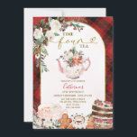 Plaid Time Vier Tea Party Kerstmis 4e verjaardag Kaart<br><div class="desc">EDITABLE Plaid Time Four Tea Party Kerstmis 4e verjaardag Uitnodiging Elegante Witte Bloemen Winter Kerstmis Verjaardag Tea Party Rood & Zwart Plaid Theepot Cakes Kerstmis Uitnodiging</div>