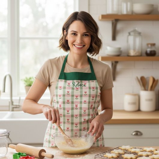 Plaid Tulip Women's Apron with Custom Name Schort