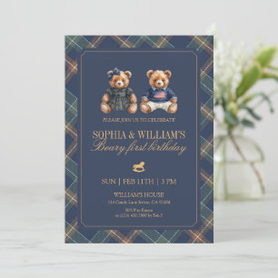 Plaid Twins Teddy Navy Schotse ruit Beer 1e verjaa Kaart