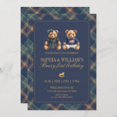 Plaid Twins Teddy Navy Tartan Bear 1st Birthday Kaart (Voorkant / Achterkant)