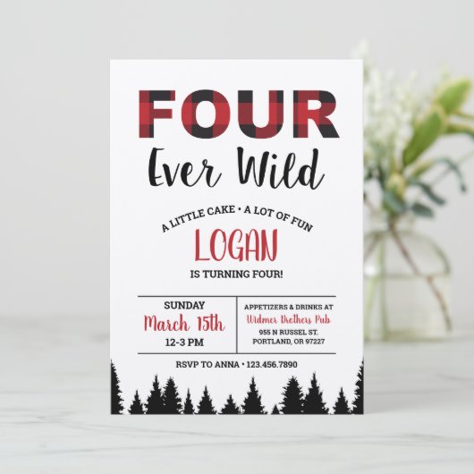 Plaid Vierde Verjaardag Uitnodiging Vier Ooit Wild (Staand voorkant)