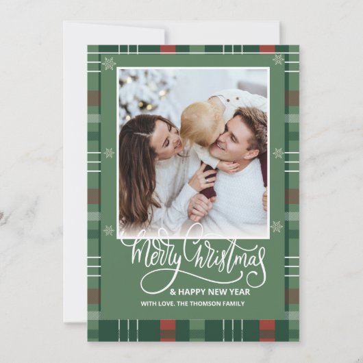 Plaid vrolijk kerst overlay foto witte script feestdagenkaart (Voorkant)