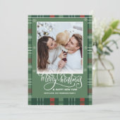 Plaid vrolijk kerst overlay foto witte script feestdagenkaart (Staand voorkant)