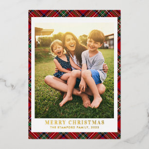 Plaid Vrolijk Kerstfeest Foto Stewart Tartan Gold Folie Feestdagenkaart