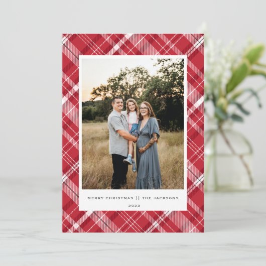 Plaid Vrolijk Kerstrood Feestdagenkaart (Staand voorkant)
