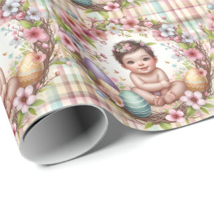 Plaid Waterverf Bloemen Baby Eerste Pasen Cadeaupapier