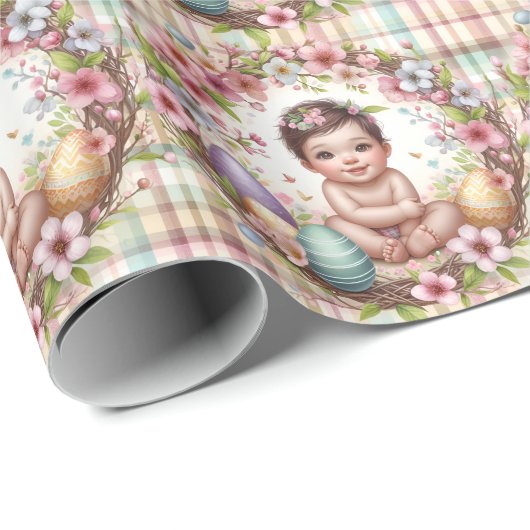 Plaid Waterverf Bloemen Baby Eerste Pasen Cadeaupapier (Rol Hoek)