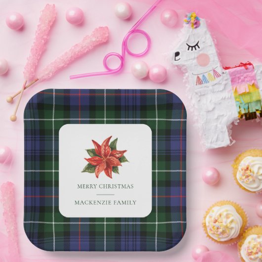 Plaid Waterverf Bloemen Rustiek Kerst Tartan Papieren Bordje (Feest)