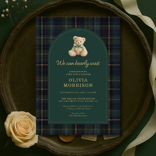 Plaid We Can Bearly Wait Green Blue Baby Shower Kaart