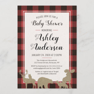 Plaid Woodland Animals Baby shower Kaart