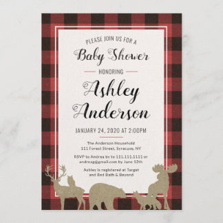 Plaid Woodland Animals Baby shower Kaart