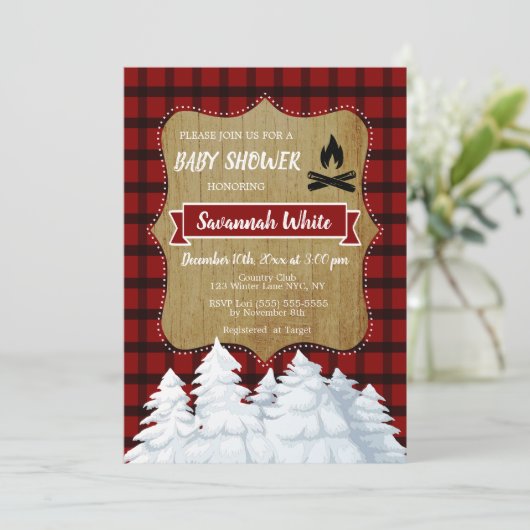 Plaid Woodland Winter Baby shower, Rustiek bos Kaart (Staand voorkant)