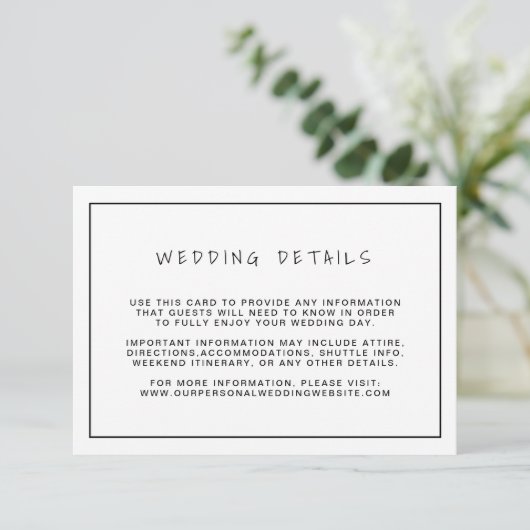 Plain Black and White Border Wedding Details Informatiekaartje (Staand voorkant)