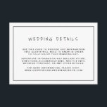 Plain Black and White Border Wedding Details Informatiekaartje<br><div class="desc">De platte trouwbehuizingskaart met een eenvoudig design met de titel "Wedding Details" in een handschrift en een dunne zwarte rand boven een witte achtergrond. Dit fundamentele en moderne ontwerp is geweldig voor een minimalistisch koppel met een casual bruiloft. Gebruik deze omhullingskaarten om aanwijzingen en andere belangrijke details te geven die...</div>