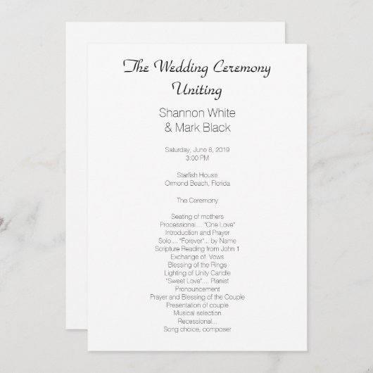 Plain Black White Flat Wedding Program Sjabloon (Voorkant / Achterkant)