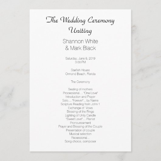 Plain Black White Flat Wedding Program Sjabloon (Voorkant)