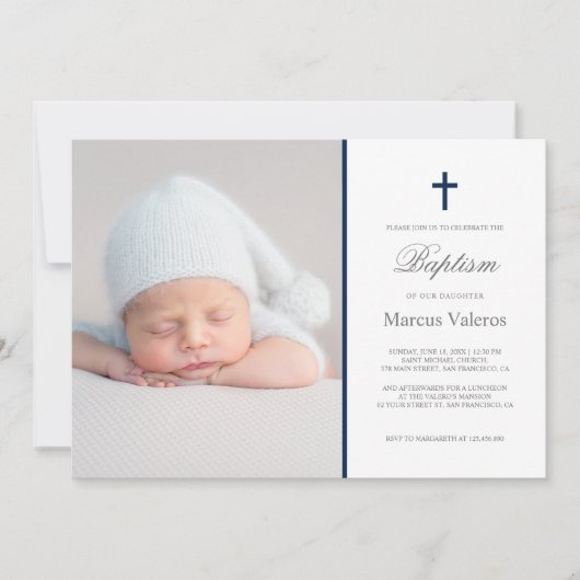 Plain Elegant Cross Photo Navy Baptism Kaart (Voorkant)