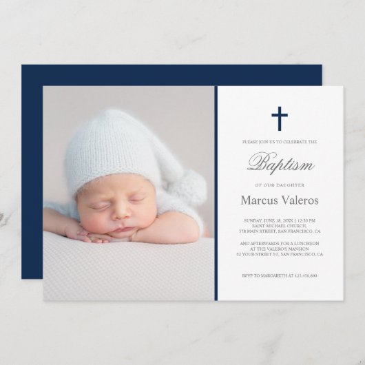 Plain Elegant Cross Photo Navy Baptism Kaart (Voorkant / Achterkant)