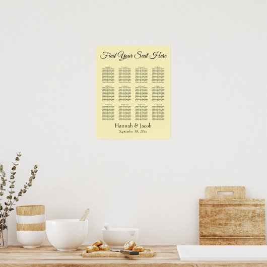 Plain Light Yellow Wedding Reception Sezing Chart Poster (Keuken)