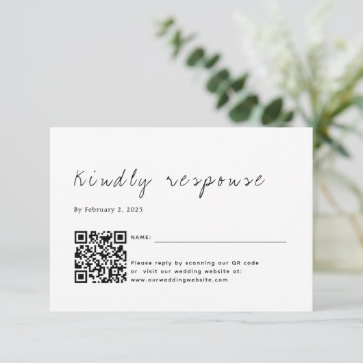 Plain Minimalist Script QR Code Wedding RSVP Kaartje (Staand voorkant)