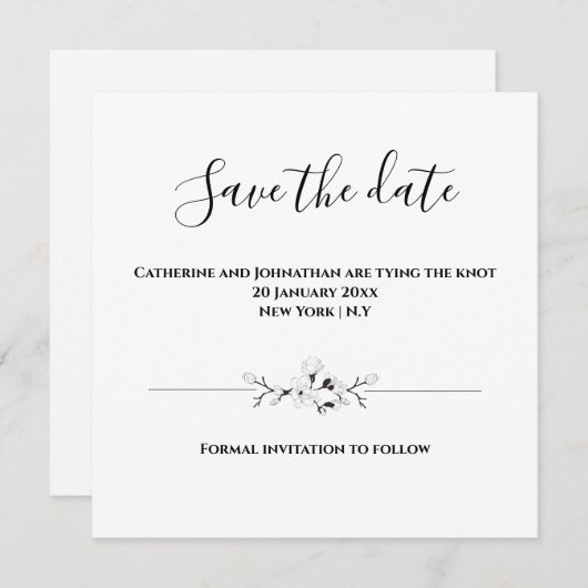 Plain minimalist zwart wit save the date floral kaart (Voorkant / Achterkant)
