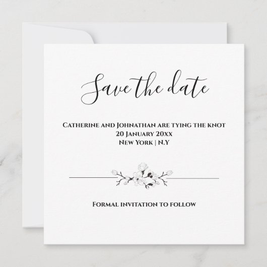 Plain minimalist zwart wit save the date floral kaart (Voorkant)