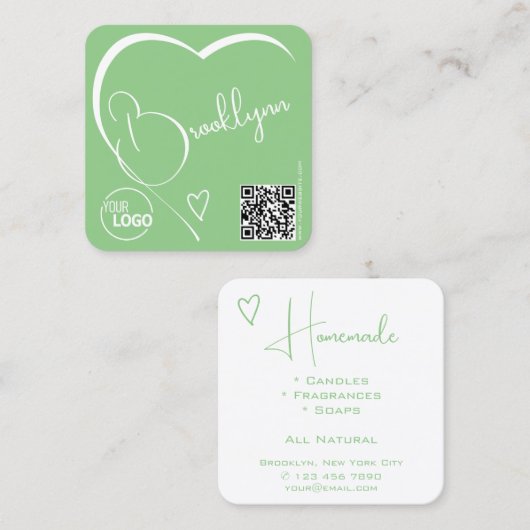 Plain Mint Groen Wit Prachtig Hart Logo QR Code Vierkante Visitekaartje (Voorkant / Achterkant)