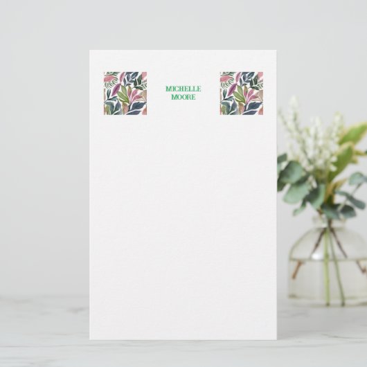 Plain Moderne Minimalistische Naam Bloemengroen Briefpapier (Staand voorkant)