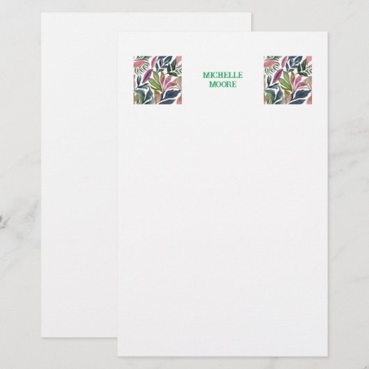 Plain Moderne Minimalistische Naam Bloemengroen Briefpapier (Voorkant / Achterkant)