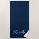 Plain Navy Blue Script Naam Zomer Strandlaken<br><div class="desc">Plain Navy Blue Script Naam Summer Beach Handdoek</div>