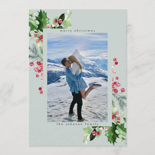 Plain Neutral Waterverf Lush Holly Christmas Feestdagenkaart (Voorkant)