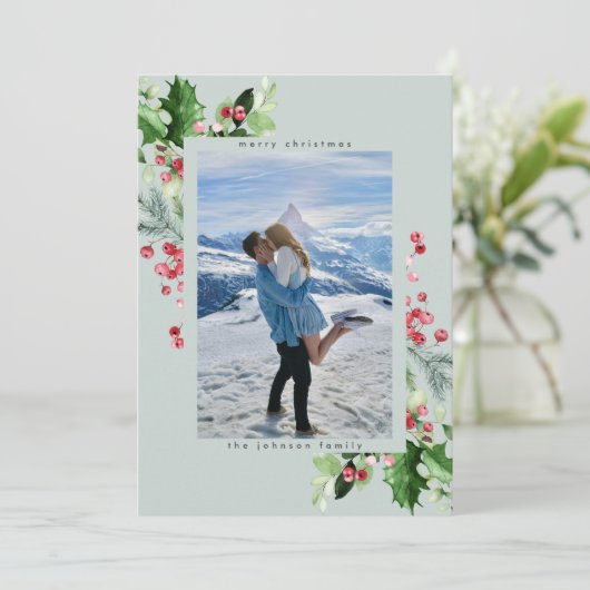 Plain Neutral Waterverf Lush Holly Christmas Feestdagenkaart (Staand voorkant)