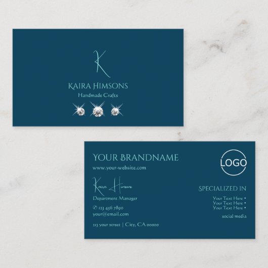 Plain Ocean Blue met Monogram Logo en juwelen Visitekaartje (Voorkant / Achterkant)