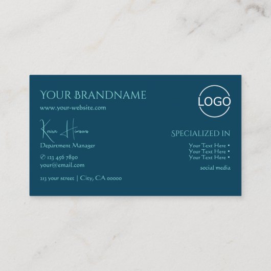 Plain Ocean Blue met Monogram Logo en juwelen Visitekaartje (Achterkant)