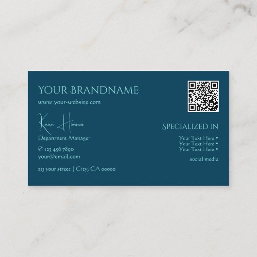 Plain Ocean Blue met monogram QR-code en juwelen Visitekaartje (Achterkant)