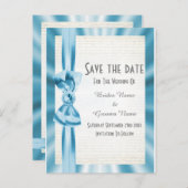 Plain pastel blue satin lbon bow save the date aankondigingskaart (Voorkant / Achterkant)