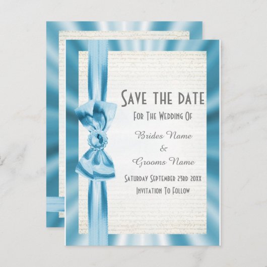 Plain pastel blue satin lbon bow save the date aankondigingskaart (Voorkant / Achterkant)