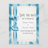 Plain pastel blue satin lbon bow save the date aankondigingskaart (Voorkant)