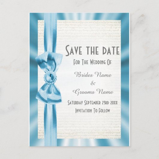 Plain pastel blue satin lbon bow save the date aankondigingskaart (Voorkant)